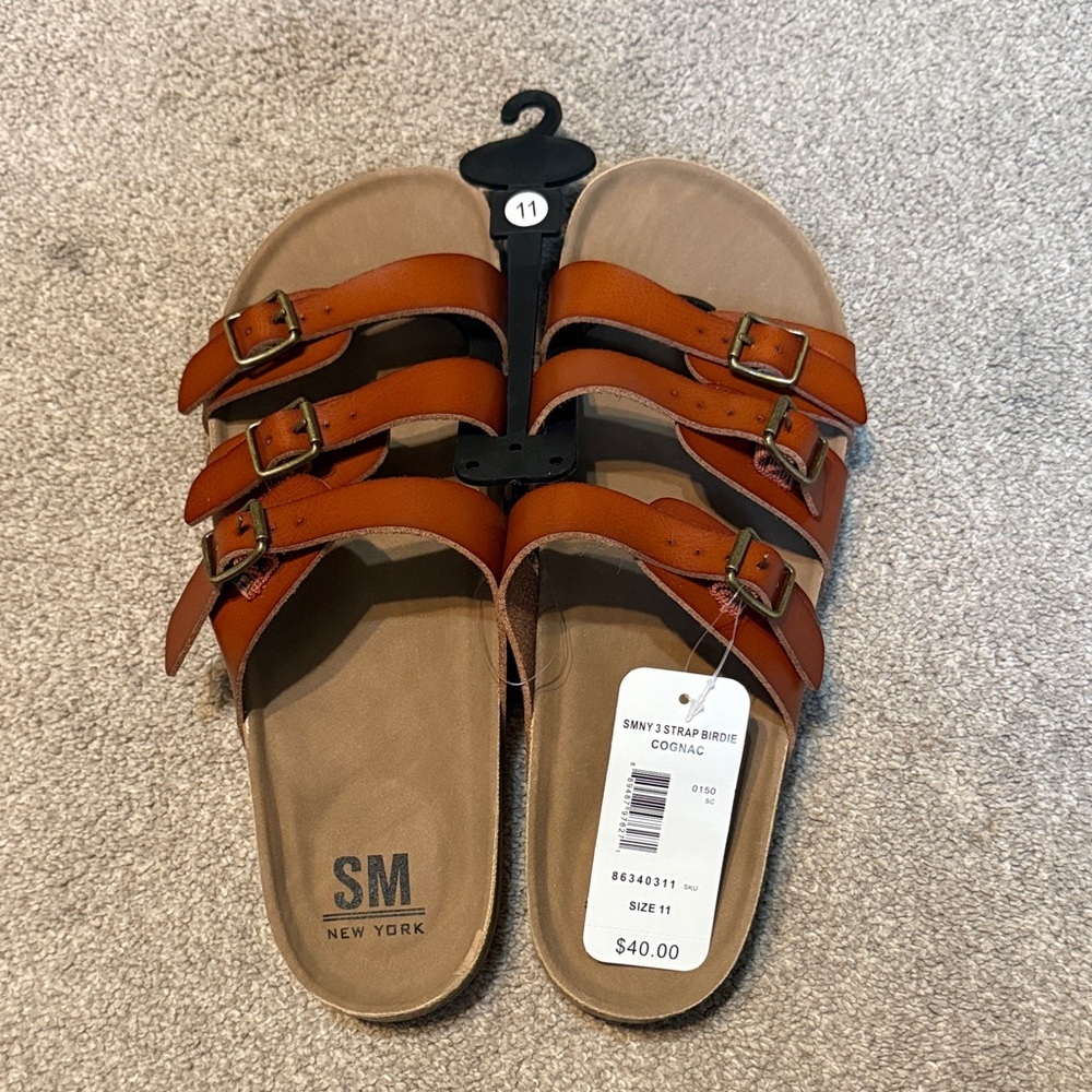 SM New York Birdie Cognac Brown Three Strap Sandals Size 11